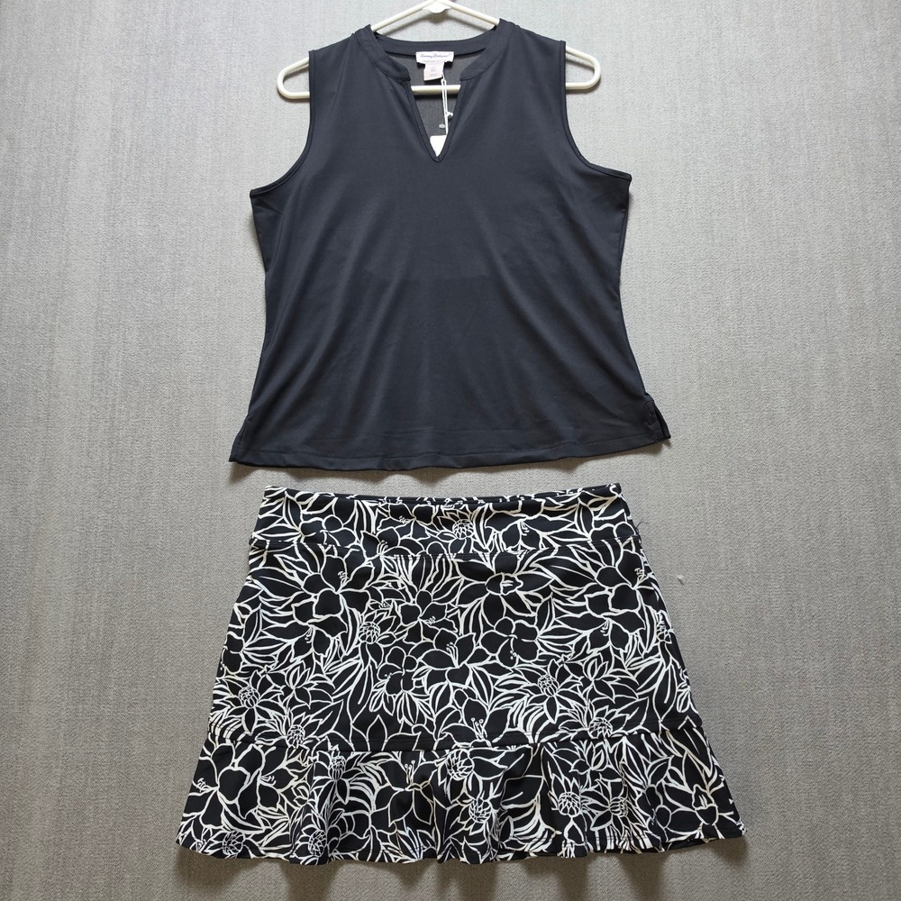 Tommy Bahama Active Set Women Large Black White Floral Skort Sleeveless Top